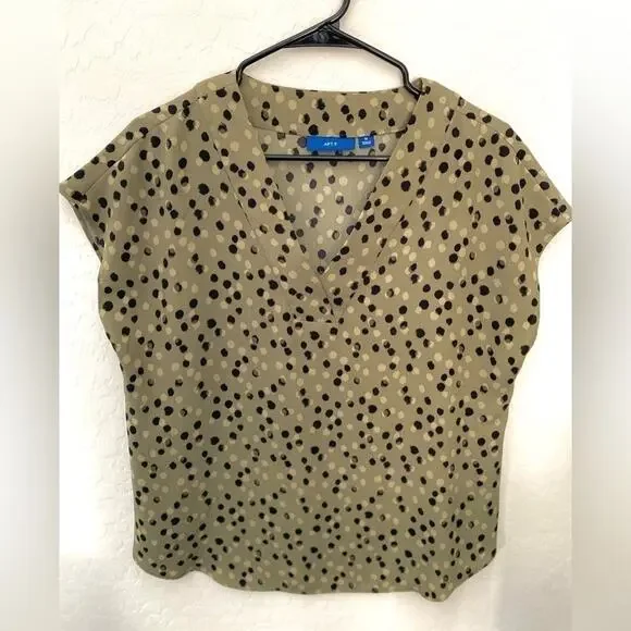 APT 9 | Olive Green Black Polka Dot Blouse | Size Medium - Picture 1 of 5